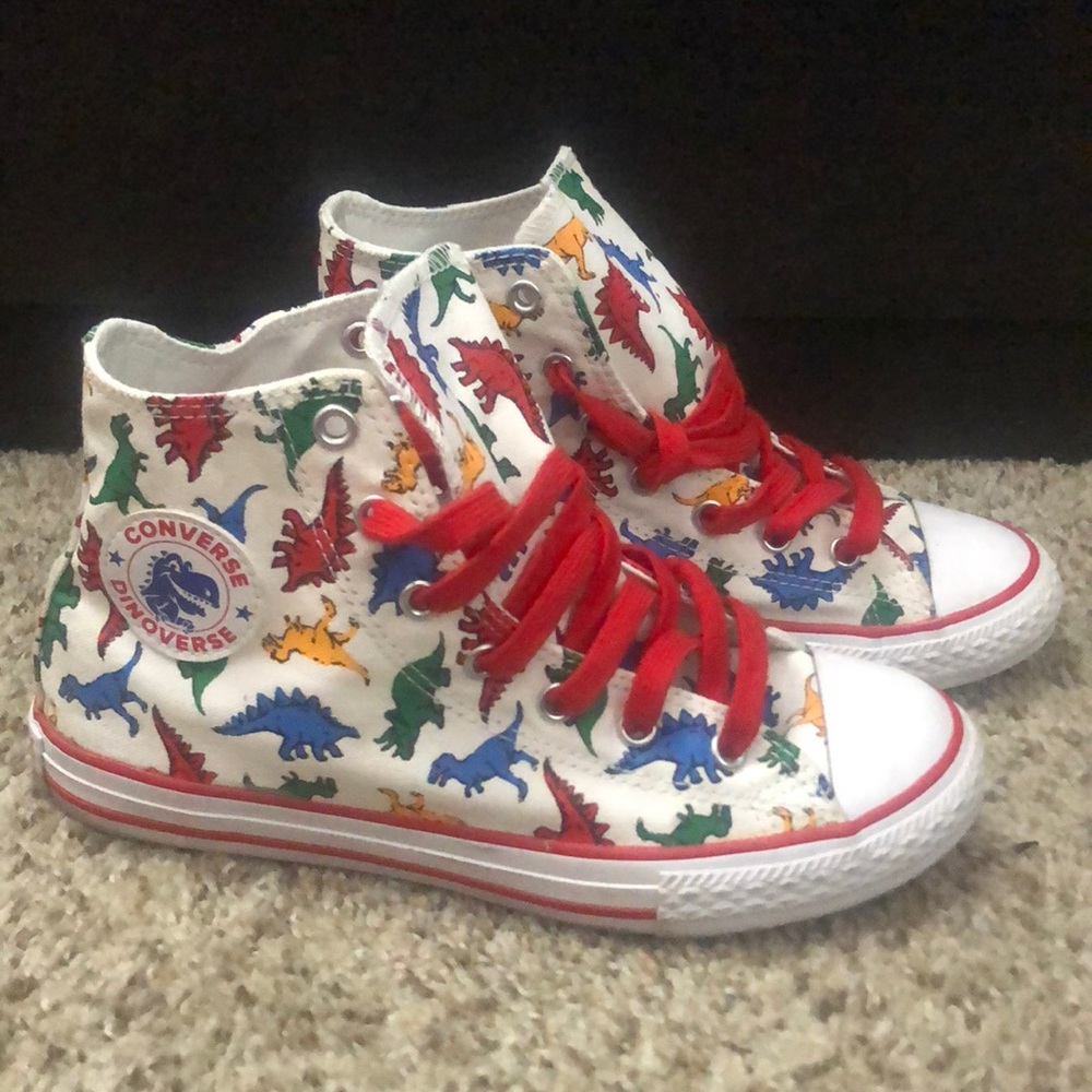Converse childrens size 3 white with multicolored dinosaurs high tops